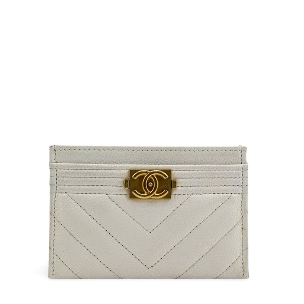 Chanel Boy Chevron Card Holder White Caviar Gold Hardware